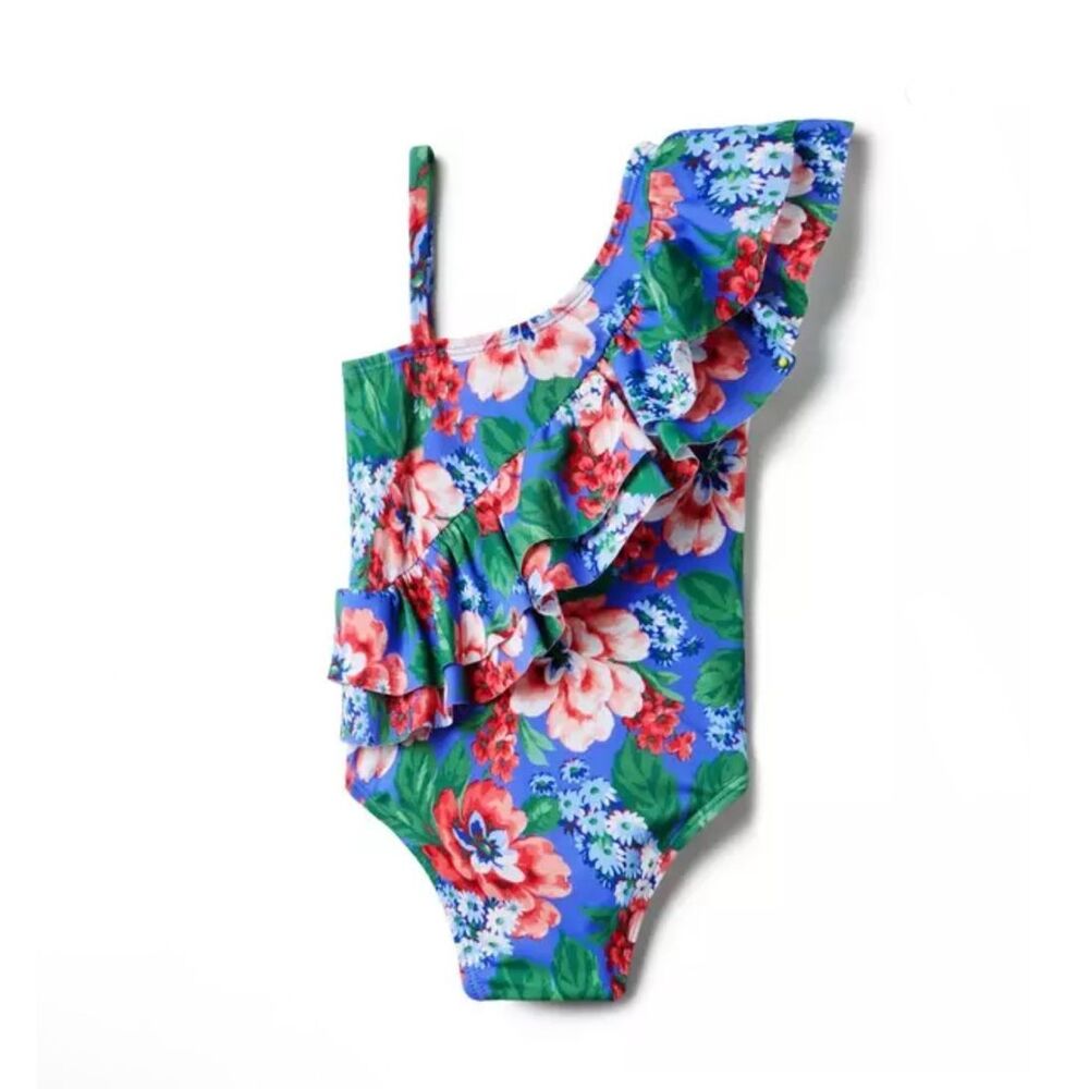 Janie and Jack Recycled Floral Ruffle Shoulder Swimsuit Size 3T